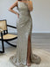 Shinning Mermaid Sleeveless Side Slit Silver Evening Prom Dress, OL192