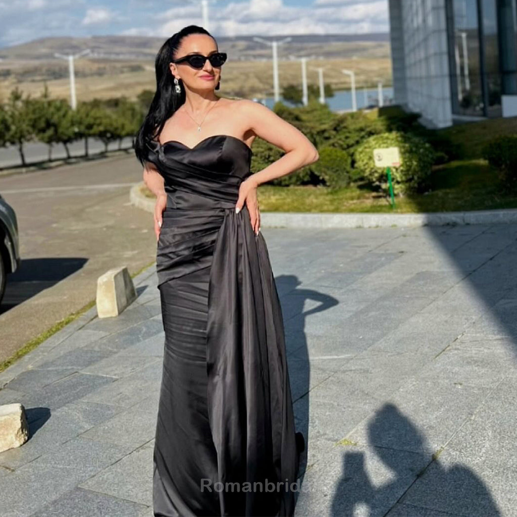 Simple Black Off the Shoulder Sweetheart Long Satin Bridesmaid Dresses Online, BG453