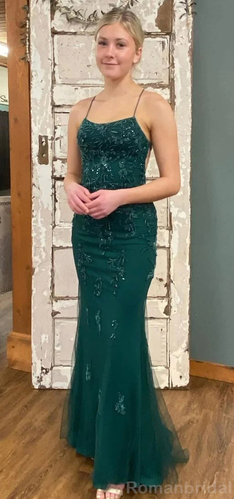 Simple Spaghetti Straps Straight Neck Mermaid Dark Green Long Evening Prom Dress Online, OL140