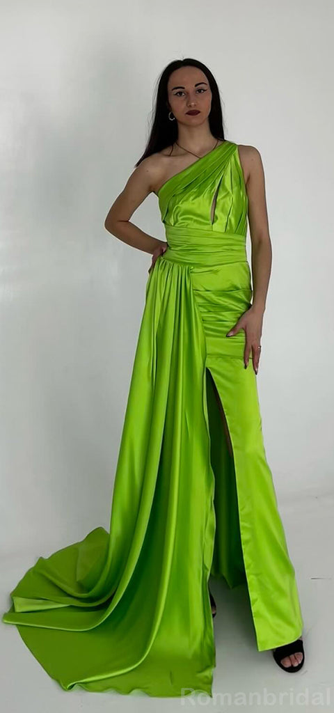 Elegant One Shoulder Mermaid Side Slit Lime Green Satin Bridesmaid Dresses with Trailing, BG485