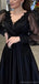 Elegant Long Sleeves V-neck Black Tulle A-line Evening Prom Dress Online, OL195