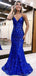 Elegant Spaghetti Straps Mermaid V-neck Royal Blue Evening Prom Dress Online, OL196