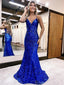 Elegant Spaghetti Straps Mermaid V-neck Royal Blue Evening Prom Dress Online, OL196