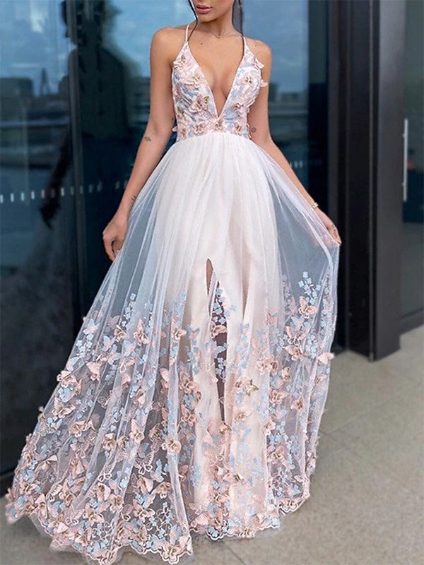 Elegant Spaghetti Straps V-neck A-line Tulle Long Prom Dress Online, OL256