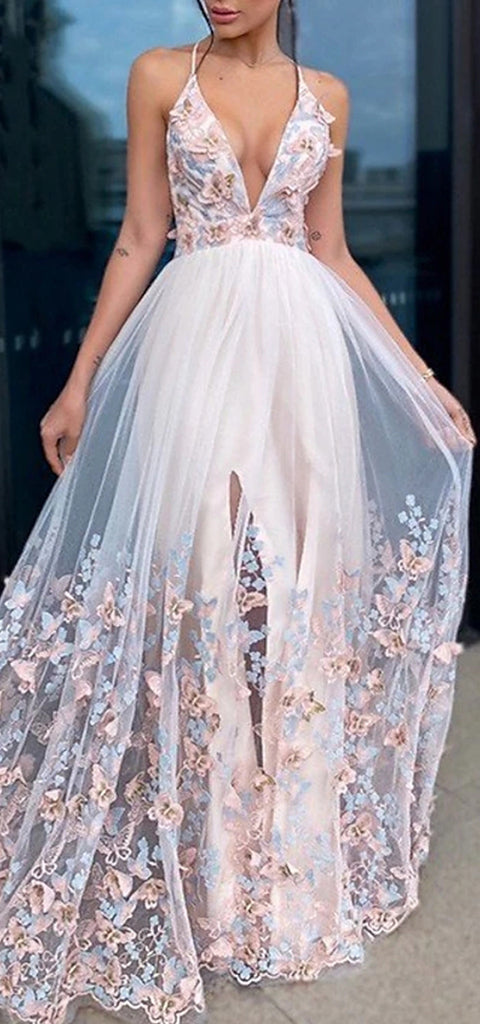 Elegant Spaghetti Straps V-neck A-line Tulle Long Prom Dress Online, OL256