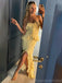 Elegant Spaghetti Straps Mermaid Lemon Long Evening Prom Dress with Side Slit, OL122