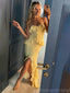 Elegant Spaghetti Straps Mermaid Lemon Long Evening Prom Dress with Side Slit, OL122