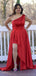 Elegant One Shoulder A-line Side Slit Red Satin Bridesmaid Dresses Online, BG486