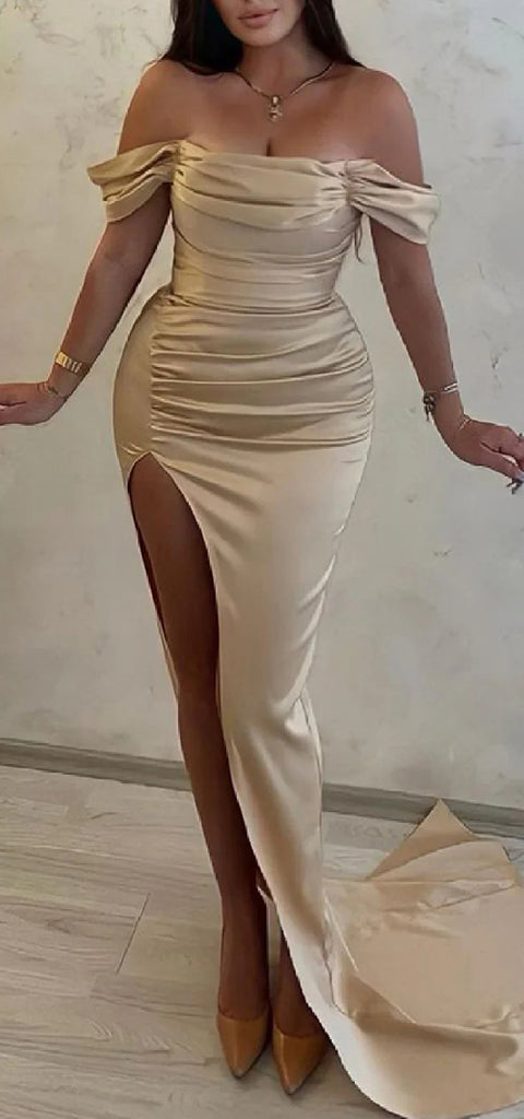 Elegant Off Shoulder Mermaid Side Slit Satin Long Bridesmaid Dresses Online, BG616