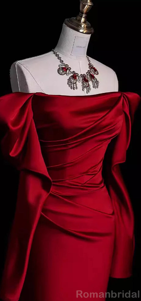 Elegant Off the Shoulder Long Sleeves Mermaid Red Long Evening Prom Dress Online, OL161