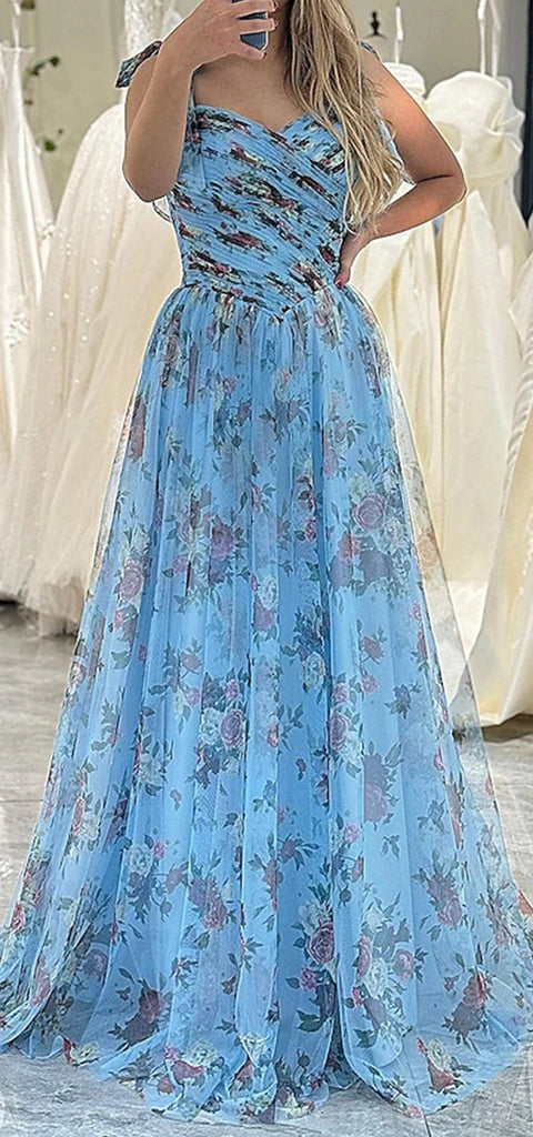 Gorgeous Spaghetti Straps Sleeveless A-line Tulle Blue Long Evening Prom Dress Online, OL201