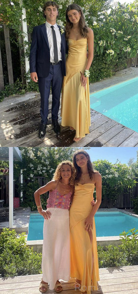 Simple Spaghetti Straps Mermaid Side Slit Yellow Long Evening Prom Dress Online, OL163