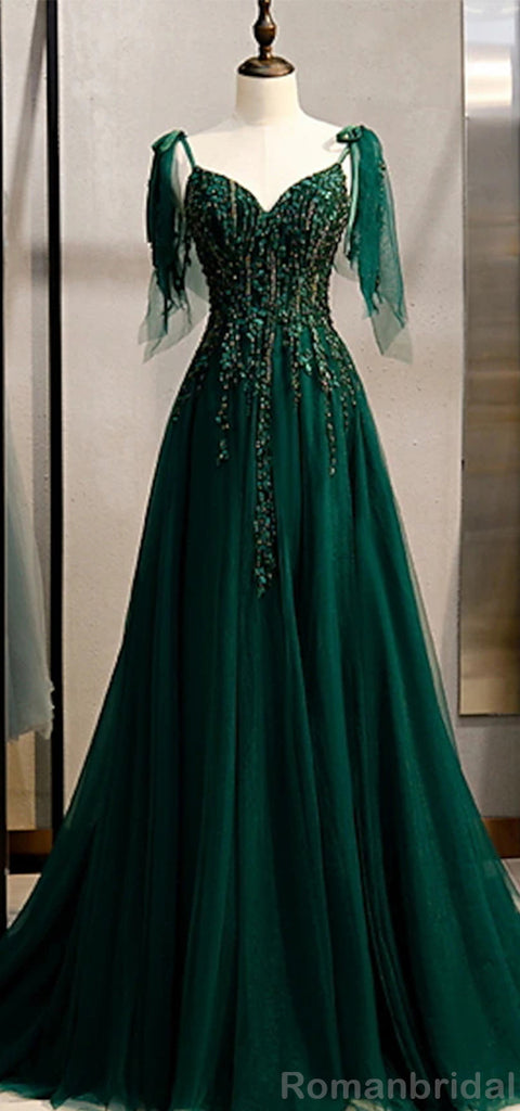 Elegant Spaghetti Straps V-neck A-line Tulle Long Dark Green Evening Prom Dress Online, OL203