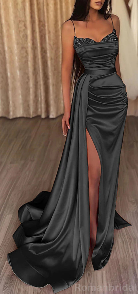 Elegant Spaghetti Straps Mermaid Side Slit Evening Prom Dress with Trailing, OL172