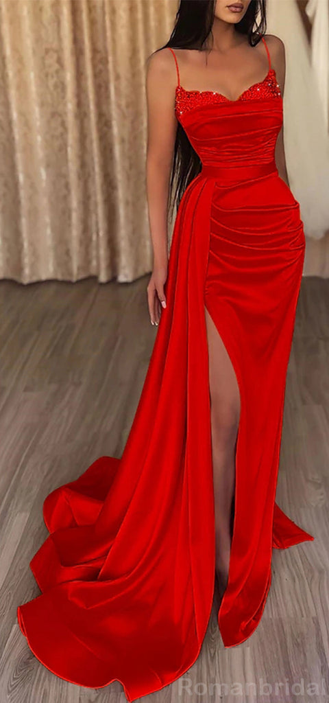 Elegant Spaghetti Straps Mermaid Side Slit Evening Prom Dress with Trailing, OL172