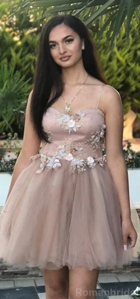 Elegant Spaghetti Straps A-line Tulle Applique Short Champagne Homecoming Dresses Online, HD0699