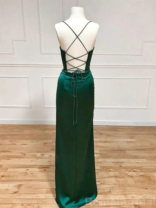 Sexy Spaghetti Straps Mermaid Side Slit Dark Green Long Evening Prom Dress Online, OL137