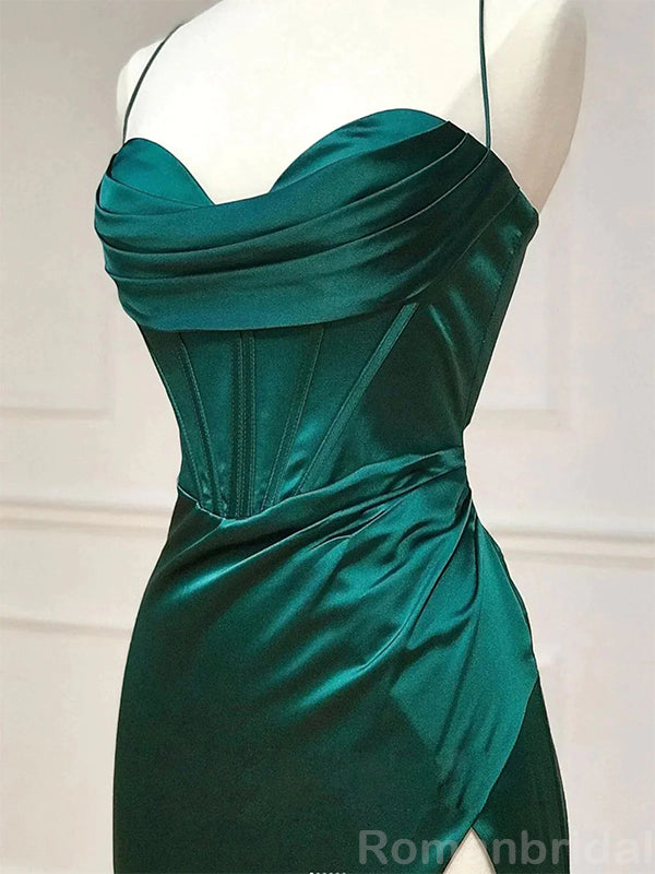 Sexy Spaghetti Straps Mermaid Side Slit Dark Green Long Evening Prom Dress Online, OL137