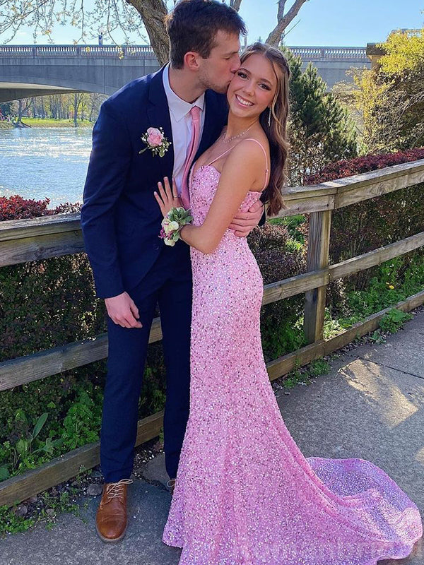 Sexy Spaghetti Straps V-neck Mermaid Pink Sequins Long Evening Prom Dress Online, OL138