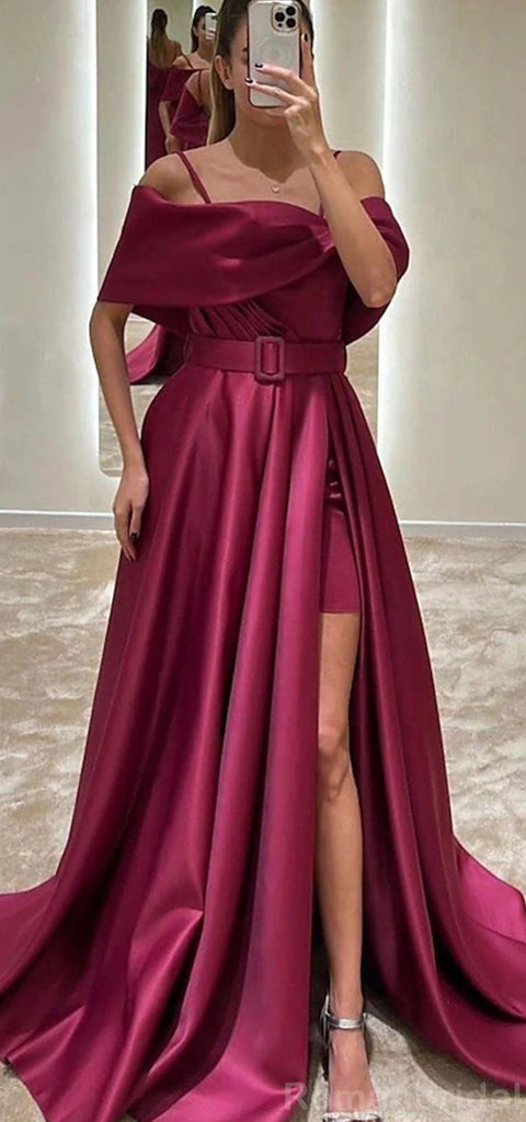 Elegant Spaghetti Straps Off the Shoulder A-line Side Slit Long Evening Burgundy Sage Prom Dress with Belt, OL209