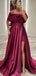 Elegant Spaghetti Straps Off the Shoulder A-line Side Slit Long Evening Burgundy Sage Prom Dress with Belt, OL209