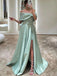 Elegant Spaghetti Straps Off the Shoulder A-line Side Slit Long Evening Burgundy Sage Prom Dress with Belt, OL209