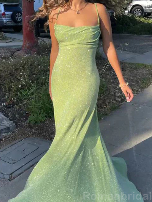 Simple Sparkly Spaghetti Straps Mermaid Lime Green Long Evening Prom Dress Online, OL153