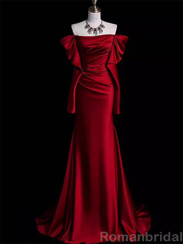 Elegant Off the Shoulder Long Sleeves Mermaid Red Long Evening Prom Dress Online, OL161
