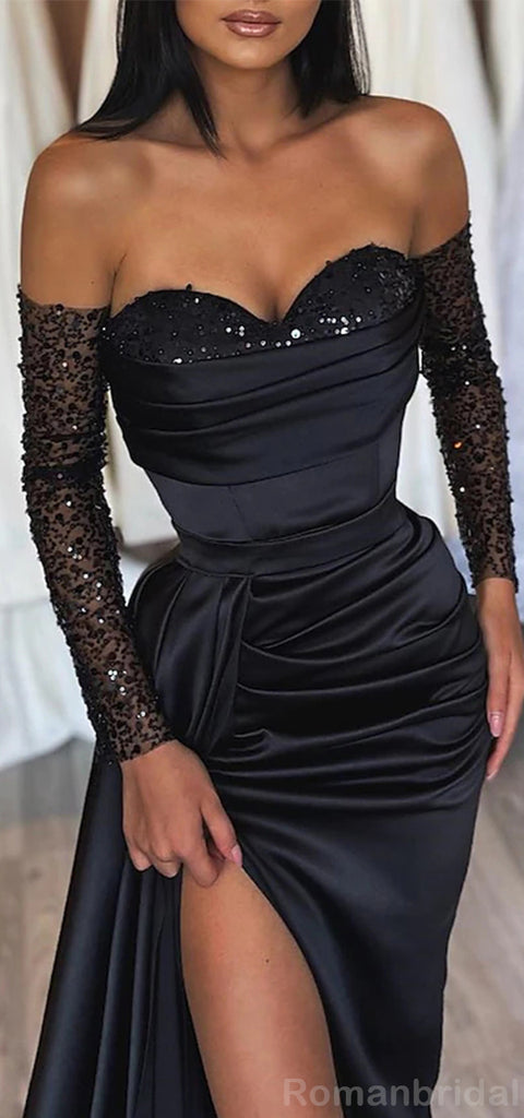 Sparkly Long Sleeves Sweetheart Mermaid Black Red Side Slit Evening Prom Dress Online, OL218