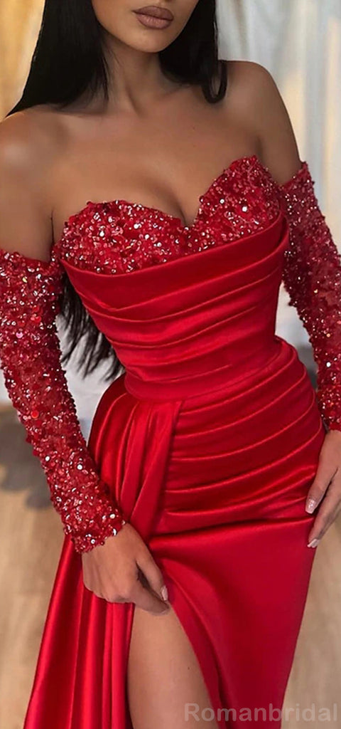 Sparkly Long Sleeves Sweetheart Mermaid Black Red Side Slit Evening Prom Dress Online, OL218