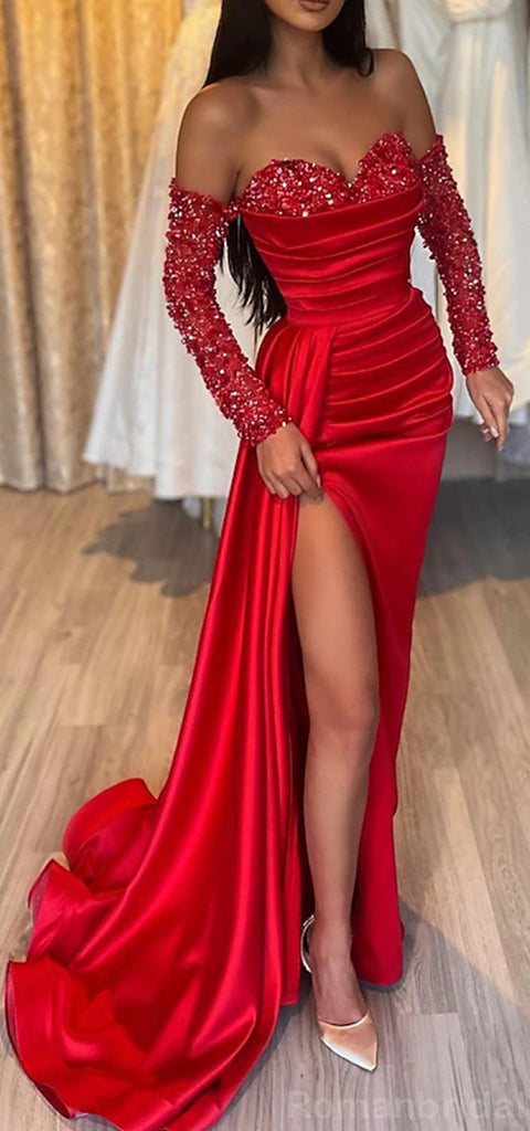 Sparkly Long Sleeves Sweetheart Mermaid Black Red Side Slit Evening Prom Dress Online, OL218