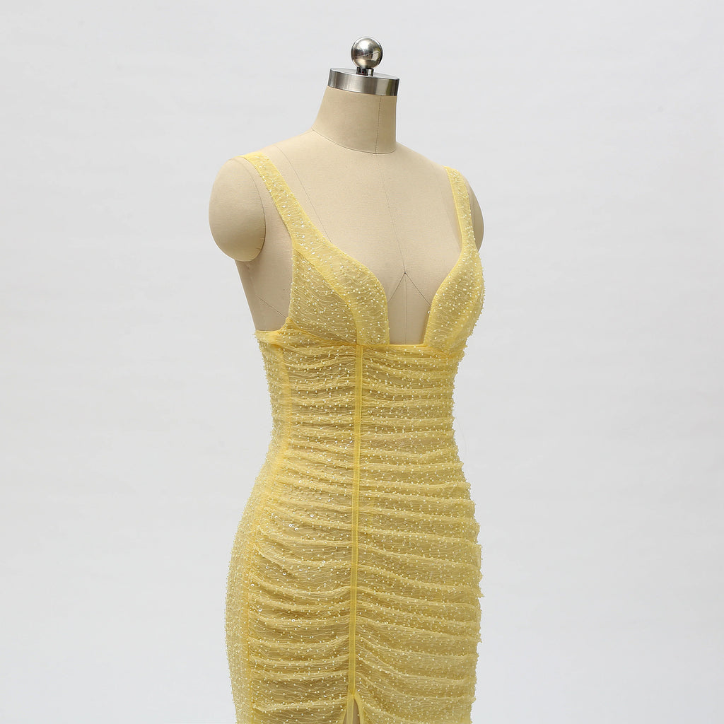 Sexy Spaghetti Straps Mermaid Side Slit Long Yellow Evening Prom Dress Online, OL045