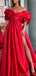 Elegant Off the Shoulder A-line Side Slit Red Satin Long Evening Prom Dress Online, OL222
