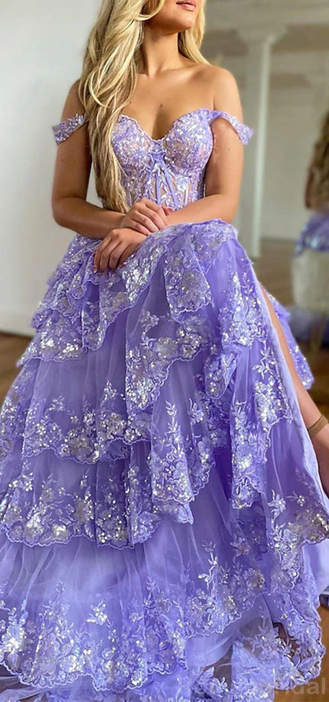 Sparkly Off the Shoulder A-line Side Slit Sequins Tulle Long Prom Dress Online, OL227