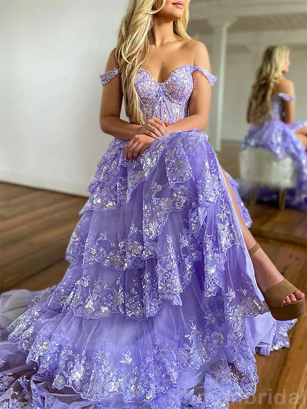 Sparkly Off the Shoulder A-line Side Slit Sequins Tulle Long Prom Dress Online, OL227
