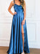 Elegant Spaghetti Straps A-line Burnt Orange Satin Long Evening Prom Dress with Side Slit, OL037