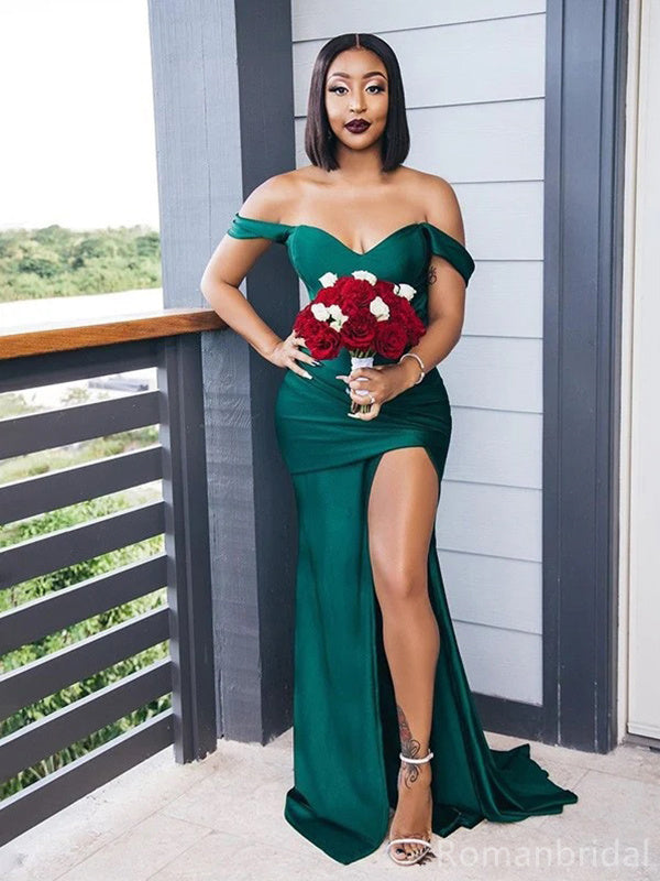 Mismatched Emerald Green Off the Shoulder Mermaid Satin Cheap Bridesmaid Dresses online, BG258