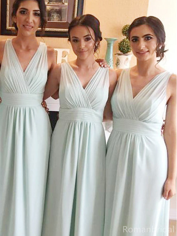 Simple V-neck A-line Chiffon Long Bridesmaid Dreses Online, BG299