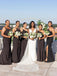 Simple Spaghetti Strap One Shoulder Mermaid Black Bridesmaid Dresses with Side Slit, BG377