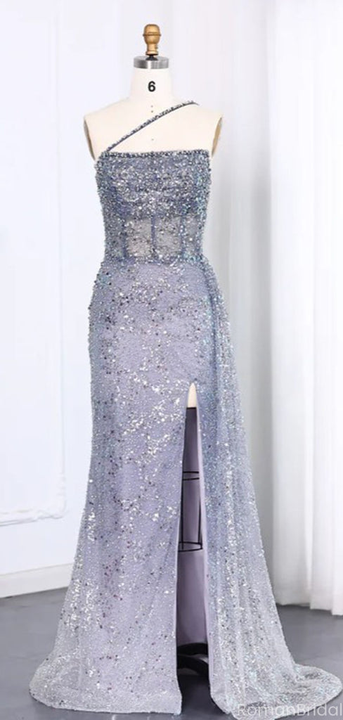 Shiny Blue One-Shoulder Mermaid Side Slit Long Prom Dress Ideas, Evening Party Dresses, OLP1264