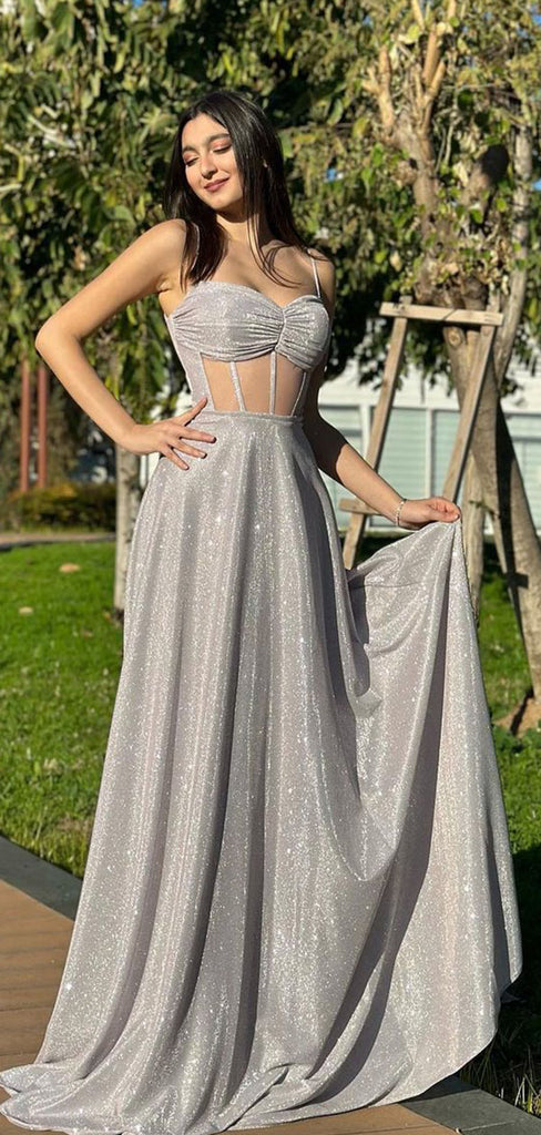 Shiny Silver Spaghetti Strap A-Line Long Prom Dress Ideas, Evening Party Dresses, OLP1255