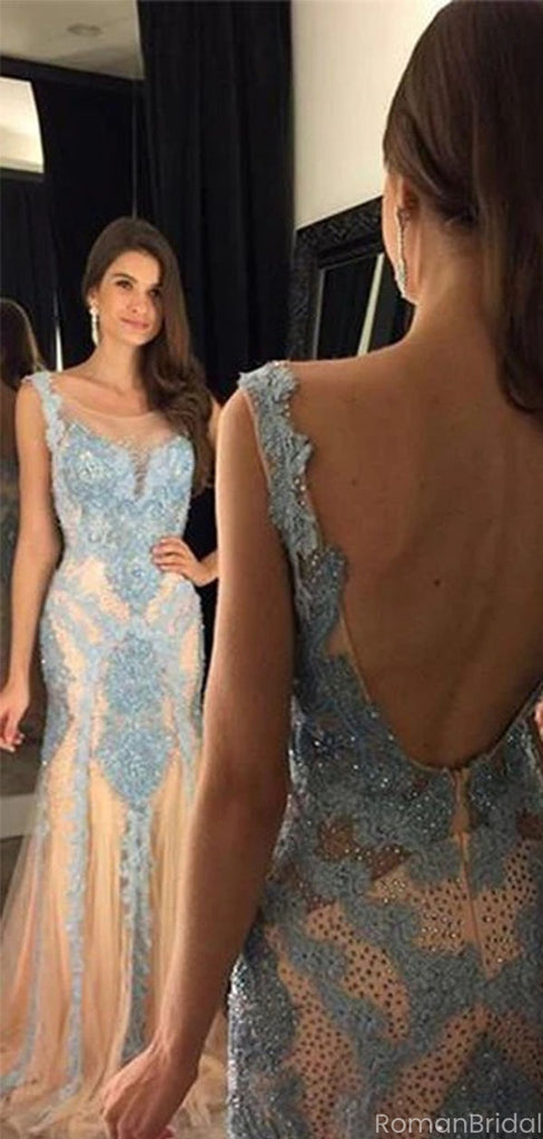 Shiny Blue Spaghetti Strap Mermaid Long Prom Dress Ideas, Evening Party Dresses, OLP1304
