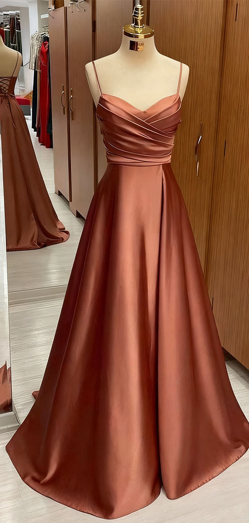 Elegant Brown Spaghetti Strap A-Line Long Prom Dress Ideas, Evening Party Dresses, OLP1247