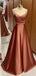 Elegant Brown Spaghetti Strap A-Line Long Prom Dress Ideas, Evening Party Dresses, OLP1247