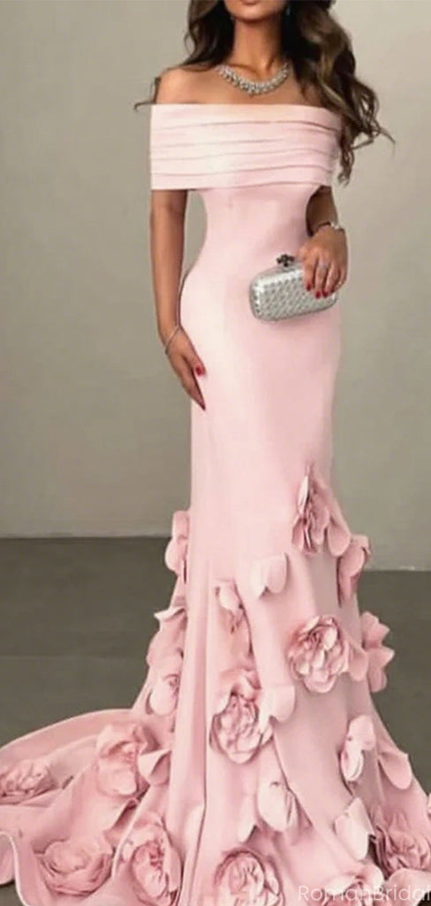 Unique Pink Floral Off-Shoulder Mermaid Sleeveless Long Prom Dress Ideas, Evening Party Dresses, OLP1327