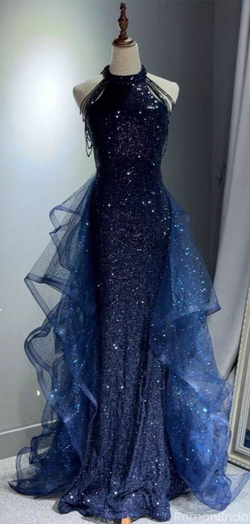 Shiny Blue Halter Mermaid Long Prom Dress Ideas, Evening Party Dresses, OLP1395