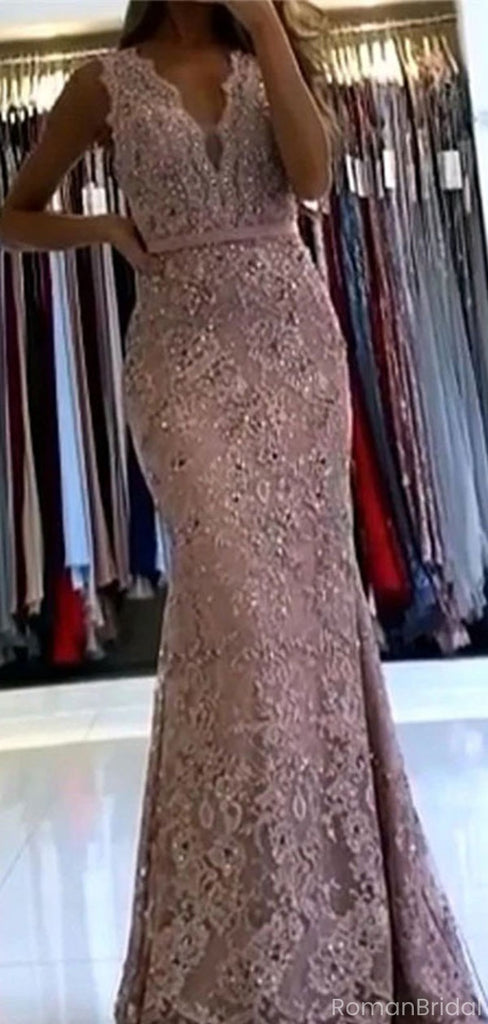 Sexy Pink V-Neck Spaghetti Strap Mermaid  Long Prom Dress Ideas, Evening Party Dresses, OLP1357