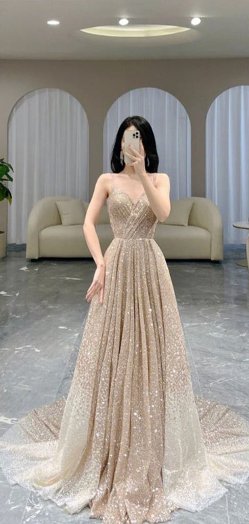 Shiny Gold Spaghetti Strap A-Line Long Prom Dress Ideas, Evening Party Dresses , OLP1242