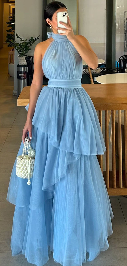 Elegant Blue High Neck Sleeveless A-Line Long Prom Dress Ideas, Evening Party Dresses ,OLP1193