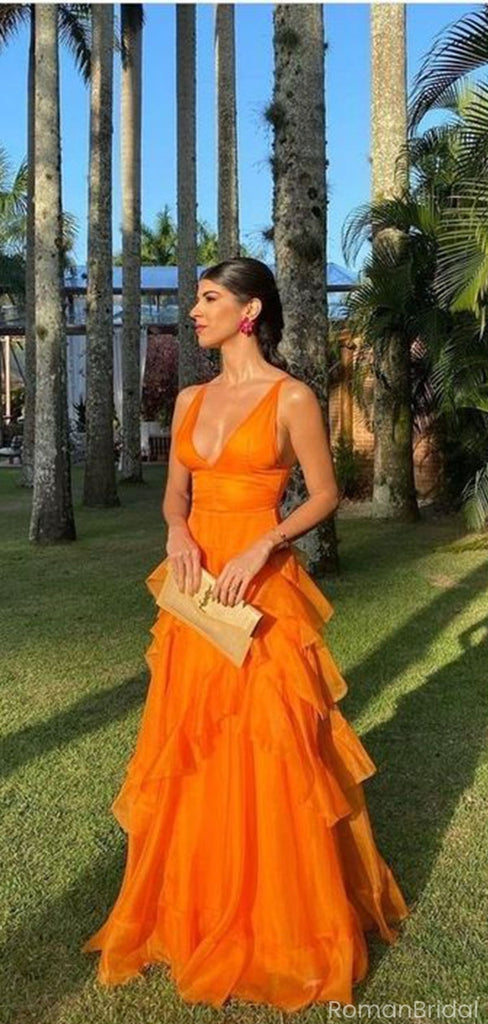 Elegant Orange V-Neck A-Line Long Prom Dress Ideas, Evening Party Dresses, OLP1282